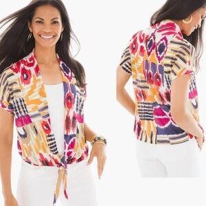 Chico’s Blocked Ikat Short Sleeve Cardigan Red, Mustard, Purple Sz L